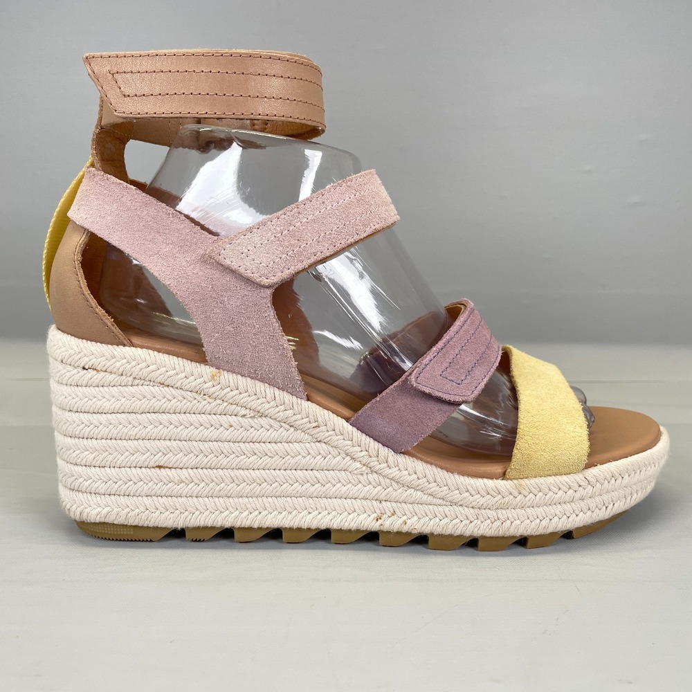 Sorel Cameron Wedge Sandals Womens Size 9 Pink Suede Strappy Platform Espadrille